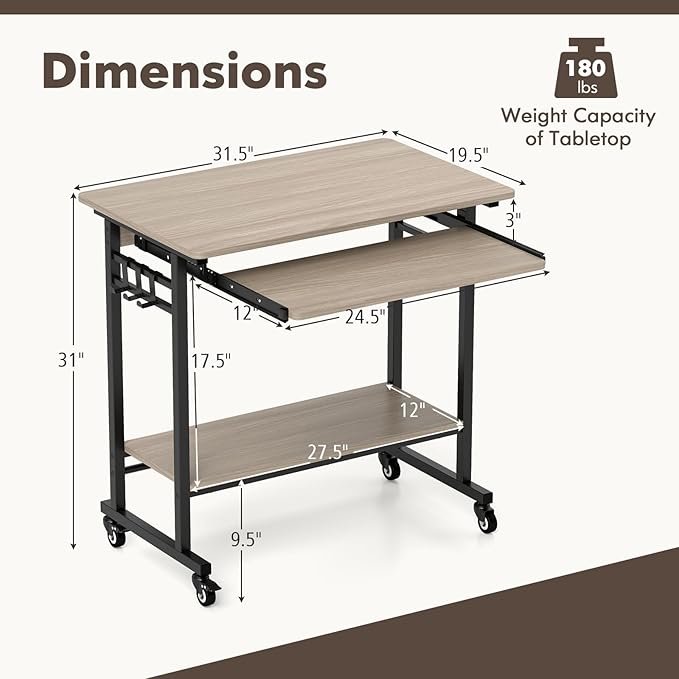 Tangkula Rolling Computer Desk Cart with Keyboard Tray, Mobile Portable Laptop PC Desk with CPU Stand & 3 Hooks for Sofa & Bed, Compact Small Desk on Wheels for Small Spaces (Grey)