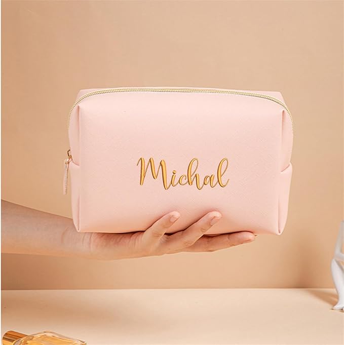 GOPHIE Personalized Embroidered Makeup Bag, Toiletry Bag for Women, Large Cosmetic Travel Bag, Gift For Bridesmaid，Set of 3, Pink