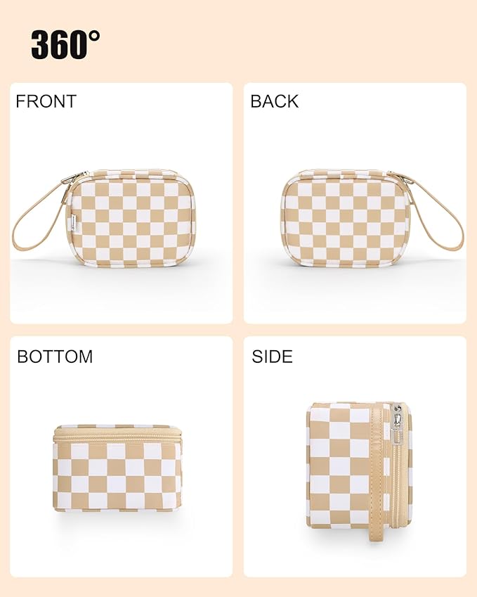 Relavel Mini Makeup Bag with Led Mirror, Small Cosmetic Bag with 3 Light Modes, Rechargeable Portable Makeup Pouch with Hands-Free Wrist Strap for Pool Parties丨Work Touch-Ups丨Travel - Plaid