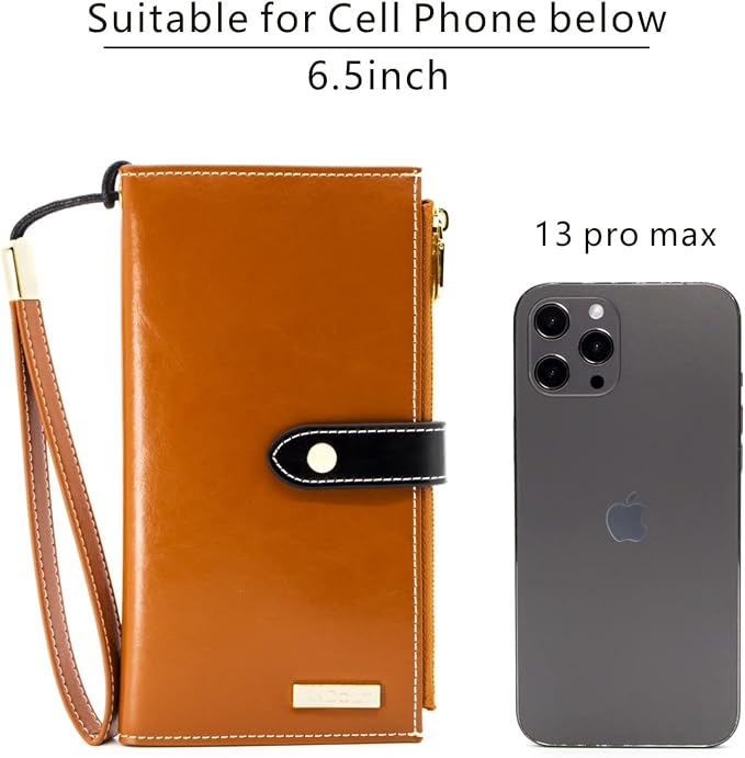 ANDOILT Women's Genuine Leather Wallet RFID Blocking Credit Card Holder Zipper Purse Cell Phone Handbag