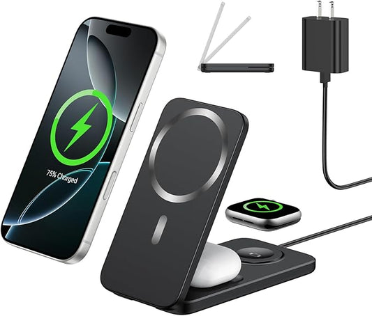 3 in 1 Magnetic Wireless Charging Station for Apple Devices, MagSafe Compatible Foldable Travel Charger Stand for iPhone 17/16/15/14/13/12 Series, Apple Watch Ultra/10/9/8/7/6/SE & AirPods Pro/4/3