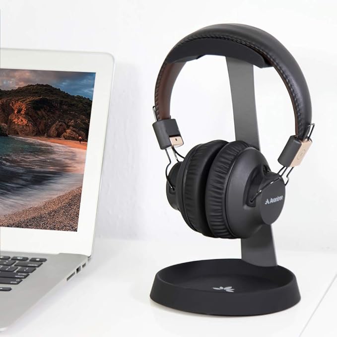 Avantree HS102 - Metal & Silicone Headphone Stand Hanger with Cable Holder, Black Desk Earphone Mount Rack, Fancy Music Studio Accessories
