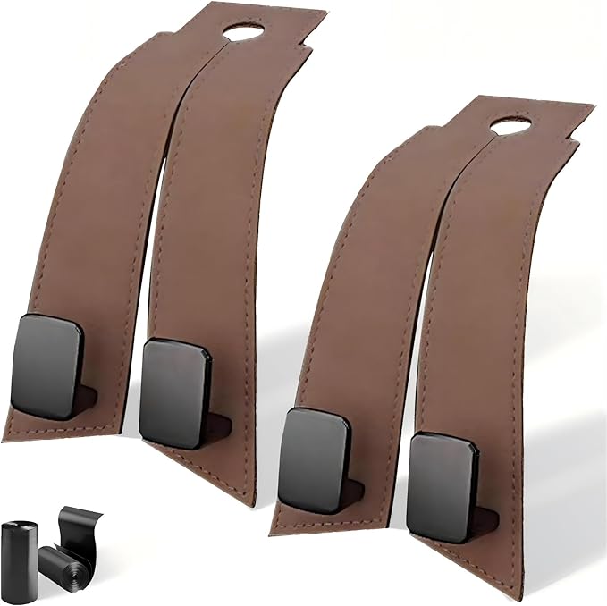 vidonio 2 Pack Double Car Seat Hooks for Headrest, Rotatable Purse Holder for Car, Premium Leather Seat Back Storage Hook for Purses, Handbags, Bags (Brown)
