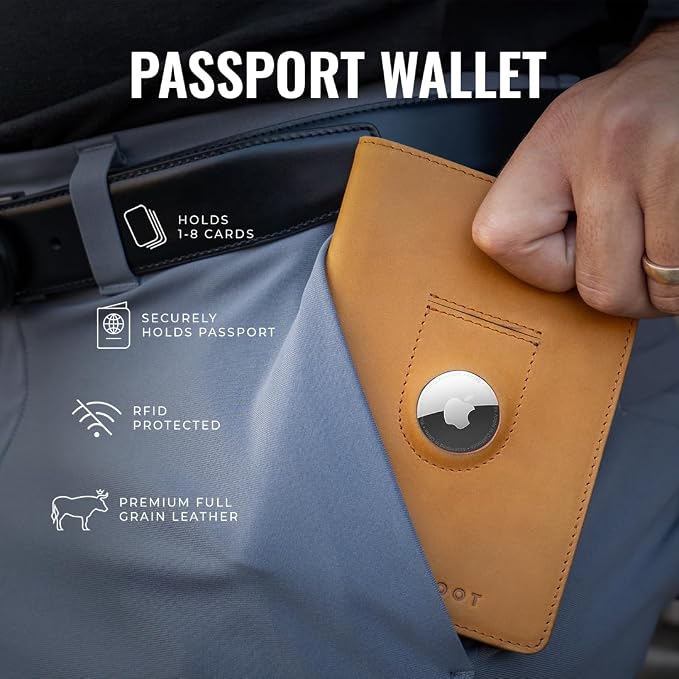Kings Loot Passport Holder Wallet – RFID Blocking Leather Travel Wallet with Built-in Airtag Holder – Holds 1-6 Cards & Passport – Easy Pull Tab – Slim & Stylish Wallets (Truffle)