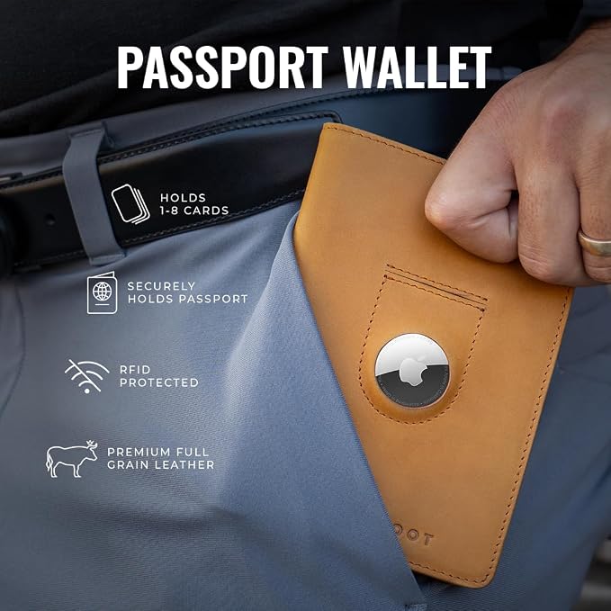 Kings Loot Passport Holder Wallet – RFID Blocking Leather Travel Wallet with Built-in Airtag Holder – Holds 1-6 Cards & Passport – Easy Pull Tab – Slim & Stylish Wallets (Midnight Black)