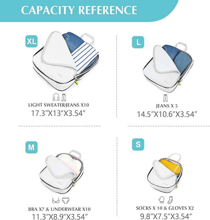 Gonex Compression Packing Cubes, 4pcs Expandable Storage Travel Luggage Bags Organizers (White)