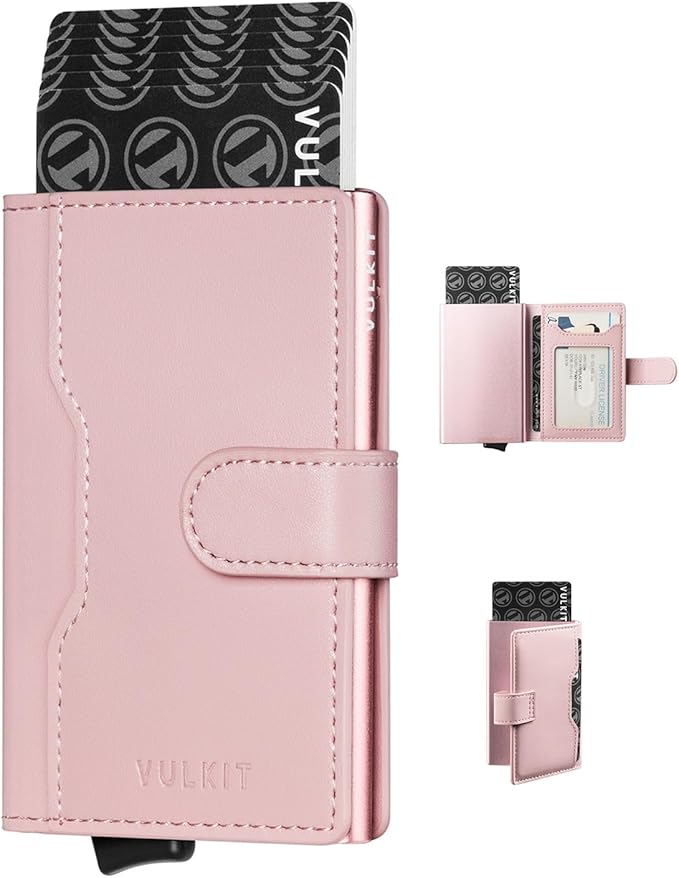 VULKIT Slim Bifold Pop up Wallet Minimalist Leather Card Holder RFID Blocking Metal Card Case with ID Window for Women | with Leather Slots, RFID Blocking, Slim, Metal Card Case