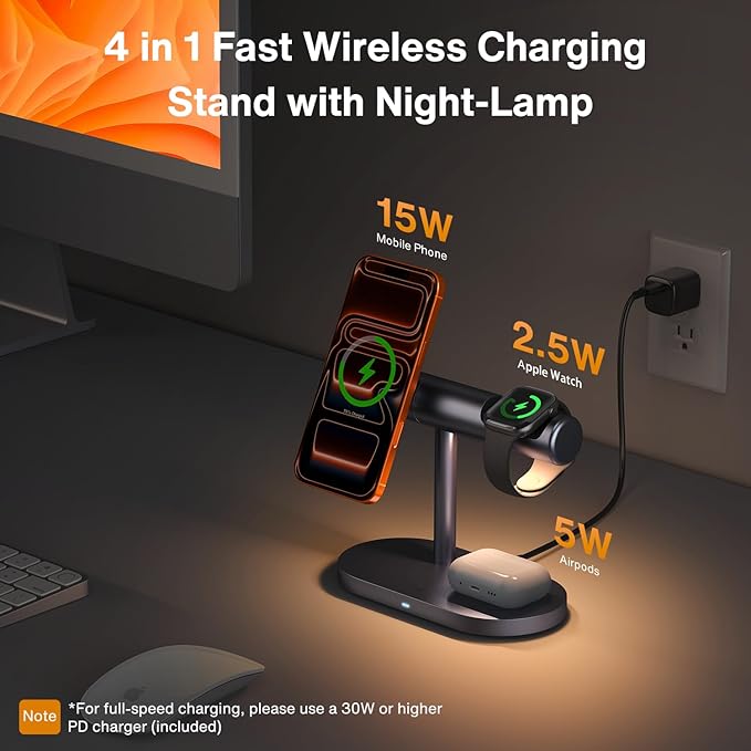 iVANKY 4 in 1 Qi2 Certified Wireless Charger Stand for iPhone 17e, Night Light for MagSafe Charging Station, 25W Charge for iPhone 17/16/15/14/13 Plus/Pro/Max,Apple iWatch, Airpods (with 33W Adapter)