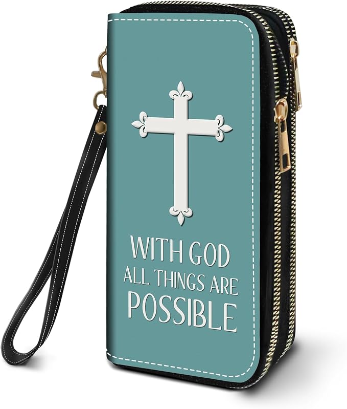 Women's Large Capacity Wallet PU Leather Double Zipper Clutch Purse Multifunctional Wallet with Removable Wristlet Strap for Phone/Coin/Card/Cash, Christian Cross with God All Things are Possible