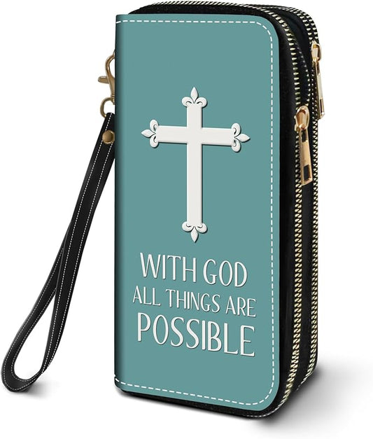 Women's Large Capacity Wallet PU Leather Double Zipper Clutch Purse Multifunctional Wallet with Removable Wristlet Strap for Phone/Coin/Card/Cash, Christian Cross with God All Things are Possible