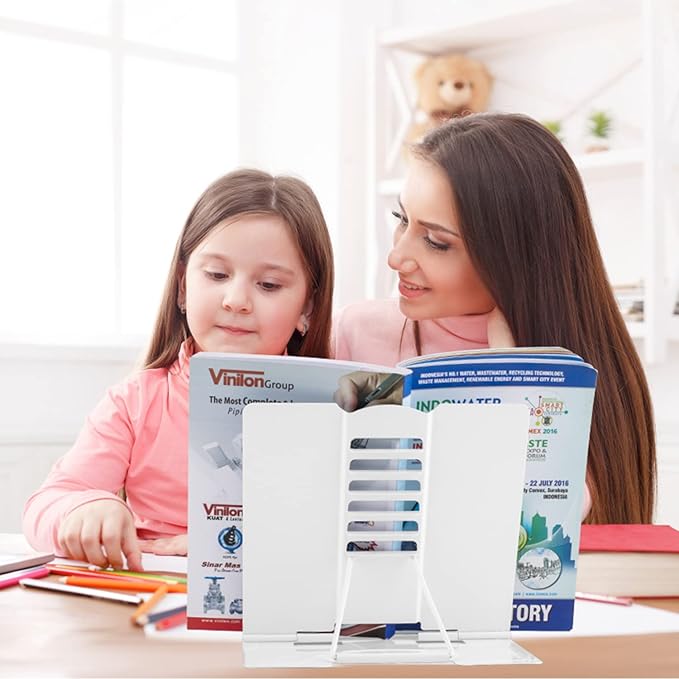 Honagu Book Stand Metal Desk Book Holder, Book Holders for Reading Hands Free, Adjustable Cookbook Documents Holder, Portable Bookstand for Music Books, Textbook, Recipe, Tablet, Ipad (White)