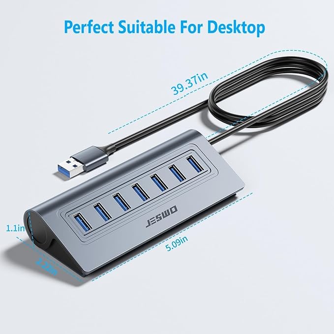USB Hub 3.0, JESWO Aluminum 7 Port USB 3.0 Hub with 3.3Ft Cable, USB Splitter with 7-USB3.0 Data Ports Compatible with MacBook, Laptop,Surface Pro, PS5, PC and More (No Power Adapter Included)