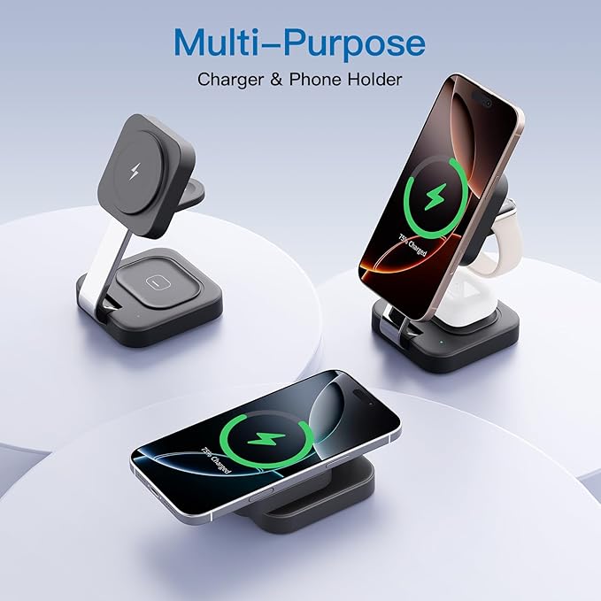 RYND 2026 Traveling Wireless Mag-Safe Fast Charging Station,Magnetic 3 in 1 Charger with iPhone 17 16 15 14 13 12 Pro Max Plus,Apple Watch Series & Air pods 4 3 2 Pro-Gifts for Wife & Husband(Black)
