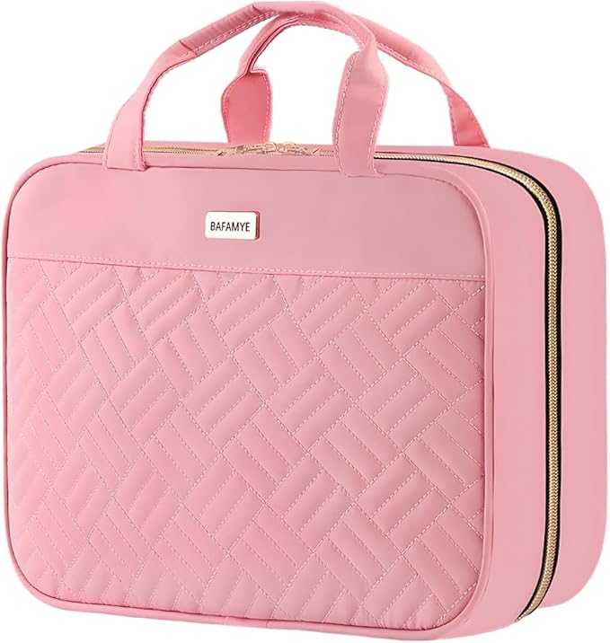 BAFAMYE Toiletry Bag Travel Bag with Hanging Hook, Water-Resistant Makeup Cosmetic Bag Organizer for Accessories, Full-Size Shampoo and Toiletries, Large, Light Pink, BAF-019