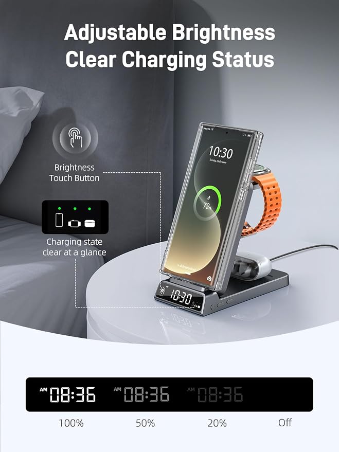 Magnetic Wireless Charger for Samsung, 3 in 1 Android Charging Station for Galaxy S26 Ultra/S25 Ultra/Z Fold/Flip, Galaxy Watch 8/8 Classic/Ultra, Buds 4, Nightstand Bedside Stand (with Adapter)