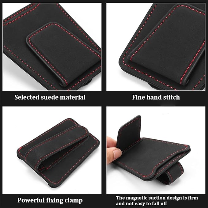 Sunglass Holder for Car Visor, Magnetic Leather Vehicle Eyeglass Hanger Holder, Automotive Interior Sun Visor Glasses Ticket Card Organizer Clip, Universal for SUV RV Lorry (Gray)