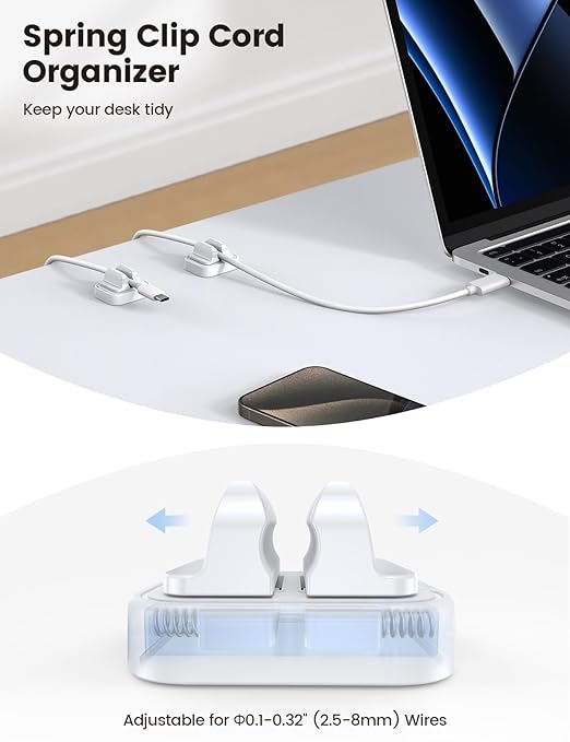 10Pack Cable Spring Holder Clips, Cord Organizer for Desk - Lamicall Adjustable Cord Clip, Wire Holder Organizer, Phone USB Charger Cable Holder, White