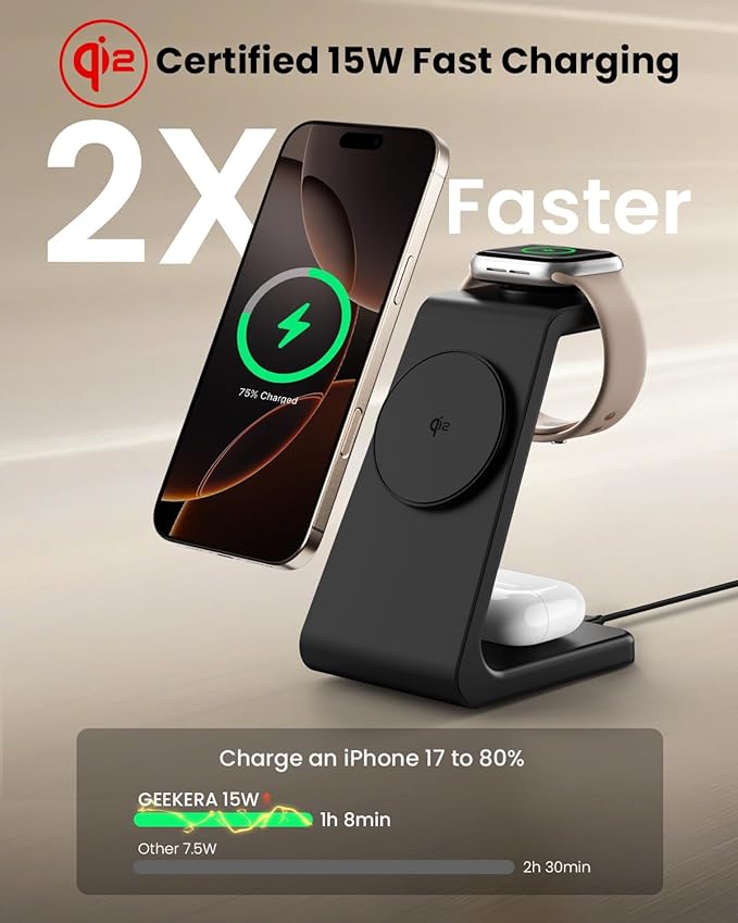 Magsafe Wireless Charging Station for iPhone: 3 in 1 15W Magnetic Portable Desktop Charging Station Qi2 Certified Charger Stand for iPhone17/16/15/14/13/12 Series, Apple Watch, AirPods 4/3/2/Pro
