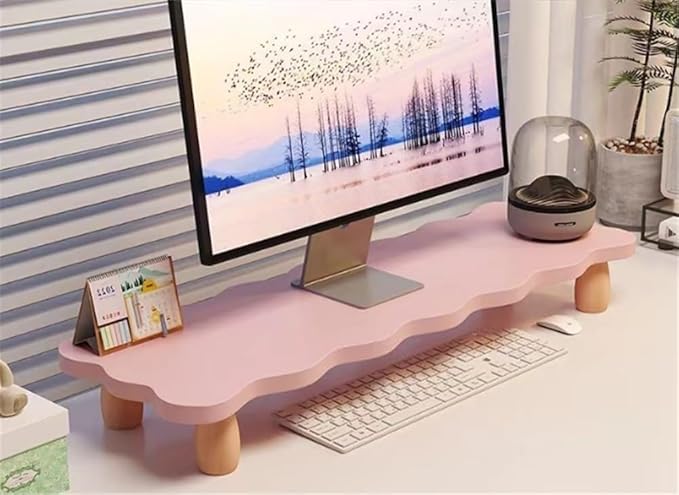 Monitor Stand Riser, Cloud-Shaped Sturdy Wood Computer Monitor Riser, Laptop Monitor Stand, Multi-Purpose Desktop Organizer Riser for Computer, Laptop, Printer, TV (Pink)