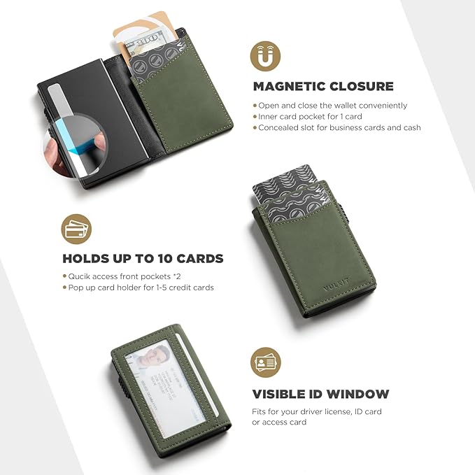 VULKIT Men's Slim Wallets Pop Up Card Holder RFID Blocking Metal Wallet Minimalist Design Holds Up to 11 Cards