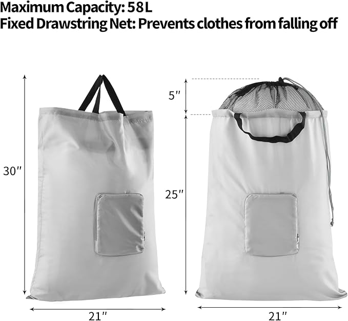Travel Laundry Bag, JHX Foldable Dirty Clothes Bags 【Upgraded】 with Fixed Drawstring Net, Handles and Carabiner, Portable Laundry Bags for Travel, Fitness, and Students (1Pcs Grey) 30"H x 21"W
