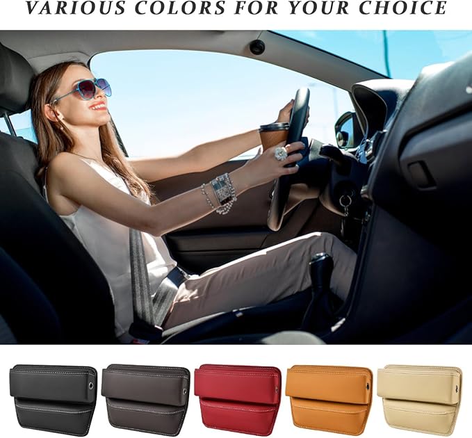 Kewucn Car Seat Gap Organizer, Adjustable Leather Front Seat Gap Filler Storage Box, Multifunctional Auto Console Side Pocket Organizer for Phone Glasses Key Card, Car Accessories (Khaki)