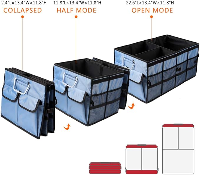 Car Trunk Organizer Collapsible Portable Multi Compartments Organizer with Non Slip Straps for SUV Truck Auto Vehicle Car Auto Minivan(Large without cover, Blue)