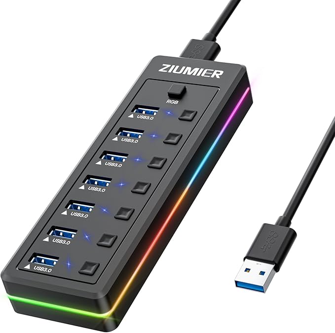 USB Hub 7 Port, USB 3.0 Hub with RGB LED Strip -USB 3.0 Data Transfer Ports,Individual LED On/Off Switches for Laptop, PC, Mouse, Keyboard, Hard Drive or More USB Devices.