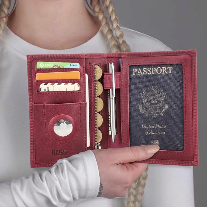 CONTACTS Full Grain Leather Passport Holder RFID Blocking Travel Passport Wallet Compatible with Airtag Passport Cover Case with 4 Cards Slots, Coin Pocket (Wine Red)