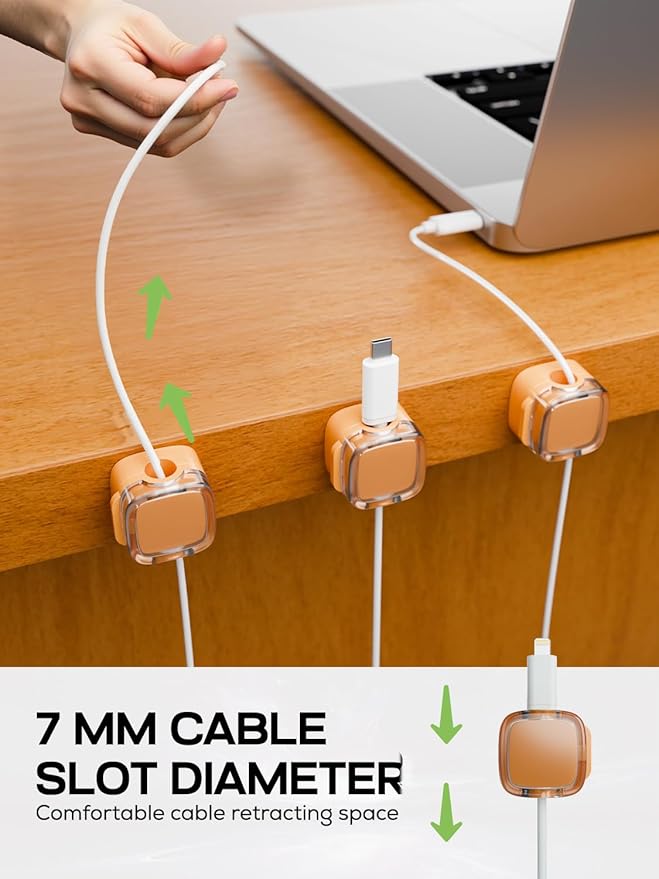 6-Pack Magnetic Cord Holder, Cord Holder with Strong Magnetic Lid, Holds Cables Firmly, 7 mm Charger Holder & HDMI Cord Organizer Clips, Strong Adhesive Pad (Orange)