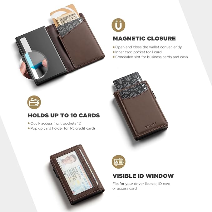 VULKIT Men's Slim Wallets Pop Up Card Holder RFID Blocking Metal Wallet Minimalist Design Holds Up to 11 Cards
