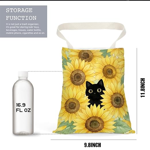 Black Cat Car Trash Bag, Sunflower Car Trash Bag Hanging, Sunflower Accessories, Summer Decor Waterproof Cars Back Seat Hanging Organizer Garbage Can for Vehicle Travelling Camping