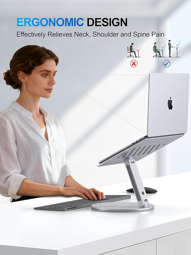 YICOSUN Adjustable Laptop Stand for Desk - 360° Rotating Ergonomic Riser with Aluminum Cooling Vents & Sturdy Construction for 10-16 Inch MacBook Pro/Air, Foldable Portable for Office & Home - Silver