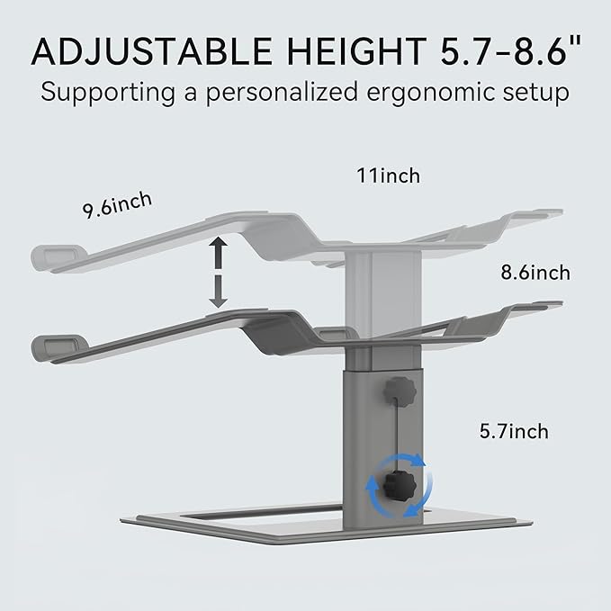 SOUNDANCE Adjustable Laptop Stand, Ergonomic Aluminum Riser for 10-17.3” Notebooks, Ventilated Metal Holder with Height Alignment for Desk Workspace, Grey