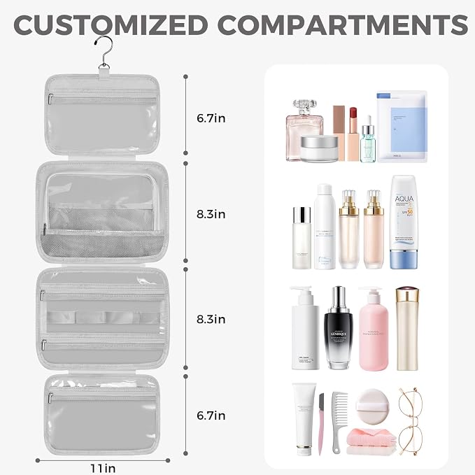 Toiletry Bag for Women, Portable Hanging Organizer, 4 Leakproof Compartments for Full-Sized Conditioners, Brush Sets, Makeup Accessories, Visible and Easy to Access, M, grey