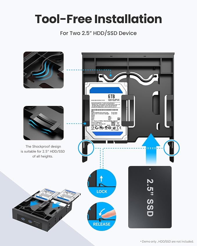 GRAUGEAR 5.25 Inch Internal USB Hub Front Panel – USB‑C 20Gbps + 2X USB‑A 5Gbps, Dual 2.5″ SSD/HDD Bays, Fits 5.25″ Bay, USB 3.2 A-Key 20-Pin & USB3.0 19‑Pin Headers, PC Case Desktop Expansion