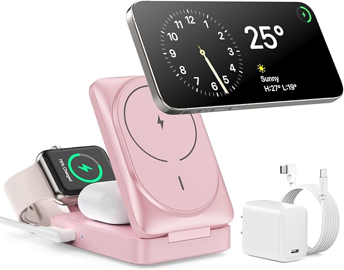 3 in 1 Wireless Charger Charging Station for iPhone,Travel Foldable Magnetic 15W Fast Wireless Charger Stand for Mag-Safe with 30W USB C Adapter for iPhone 17/16/15/14/13/12,Apple Watch,AirPods
