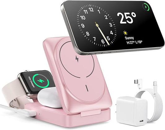 3 in 1 Wireless Charger Charging Station for iPhone,Travel Foldable Magnetic 15W Fast Wireless Charger Stand for Mag-Safe with 30W USB C Adapter for iPhone 17/16/15/14/13/12,Apple Watch,AirPods