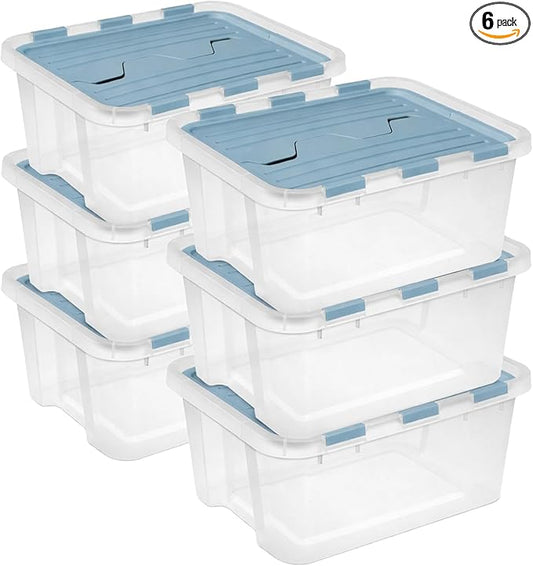 Sterilite 6 Pack Hinged Lid Storage Box, 20 Qt Plastic Container, Washed Blue - Home Organizer Tote for Storing Shoes, Crafts, Clothing, or Decor