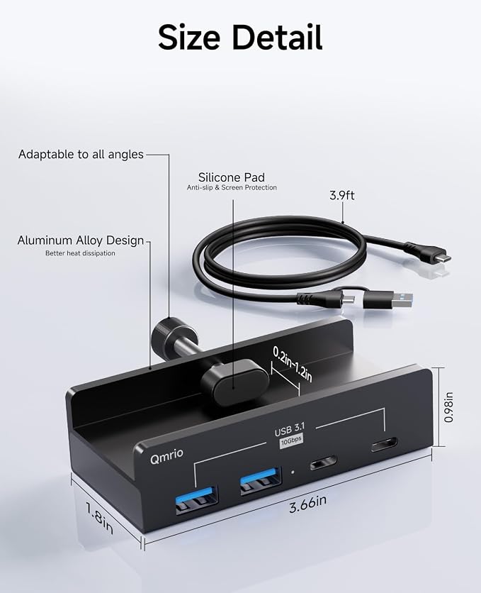 USB Hub 3.1, 10Gbps Clamp USB Hub with 2 USB-A Data Ports, 2 USB-C Port with Extra Power Supply Port (Black)