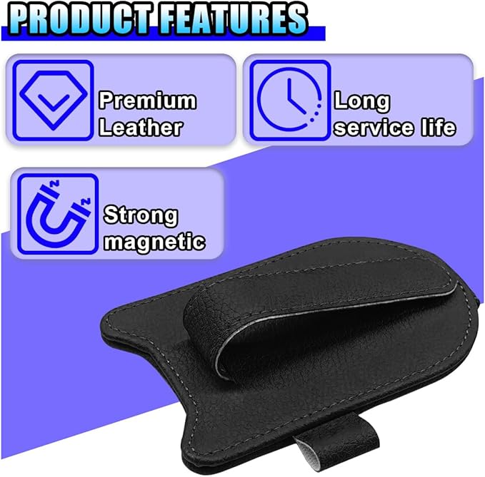 2PCS Sunglass Holder for Car Sun Visor, Magnetic Leather Vehicle Glasses Eyeglass Mount & Ticket Card Clip, Automotive Interior Visor Accessories, Universal for Sedan SUV Truck (Black)