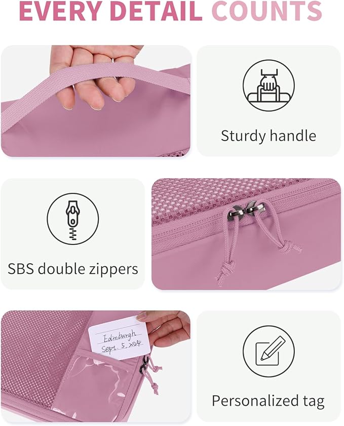 ECOHUB 6 Set Packing Cubes for Travel Durable Suitcase Organizer Bags Set with Personalized Tag Travel Essentials with Shoe Bag Traveling Accessories for Luggage Machine Washable, Pink