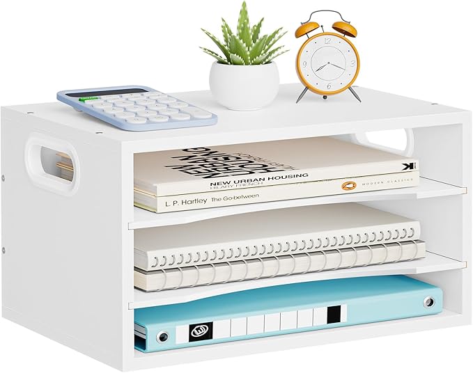 Marbrasse 3-Tier Wood Desk Organizer, Paper Letter Tray Organizer for Desk, Wooden Desktop File Organizer with Handle and Paper Sorter Mail Holder for Office School & Home Supplies Organization-White