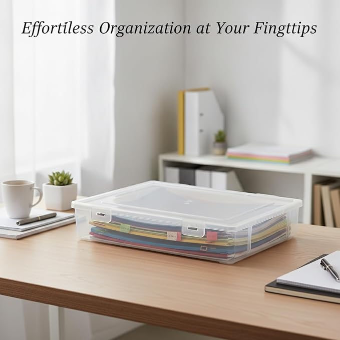 Low-Profile Rectangular File Box with Handle, Transparent PP Plastic Document Organizer for Desktop Storage