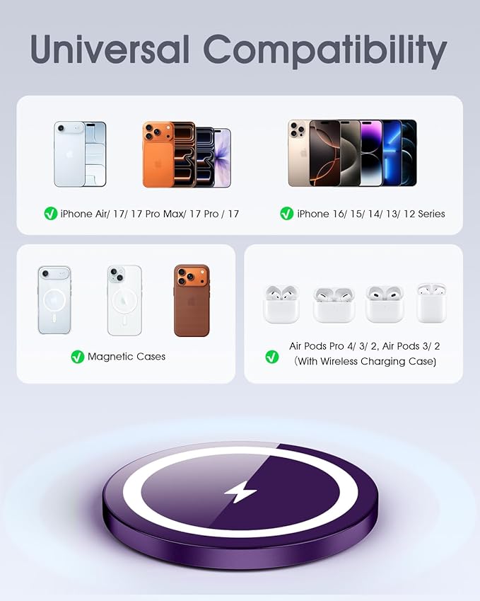 WRVVR for Apple Mag-Safe Charger 2 Pack, Magnetic Wireless Charger for iPhone 17/17 Pro/17 Pro Max/Air/16 15 14 13 12 Pro Max Plus mini,Charging Pad for Airpods Pro 3 2,Strong Magnet, Violet