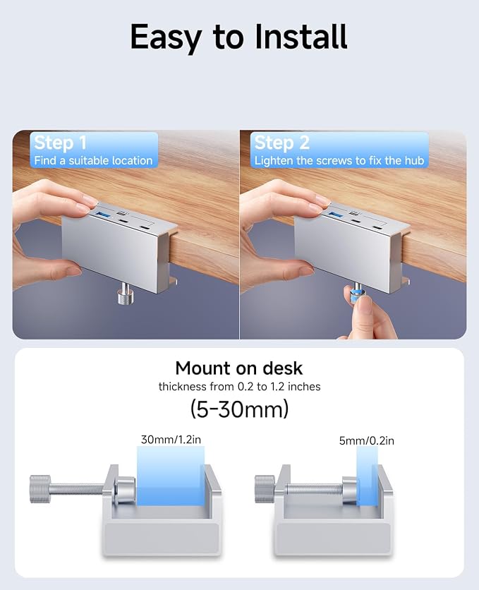 USB Hub 3.1, 10Gbps Clamp USB Hub with 2 USB-A Data Ports, 2 USB-C Port with Extra Power Supply Port (Silver)