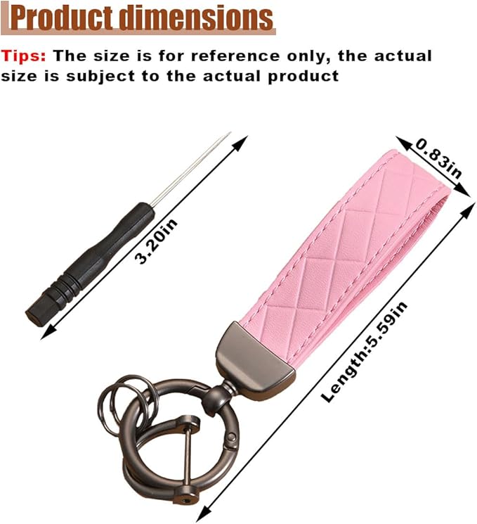 Leather Car Keychain - 360 Degree Snap Swivel Key Ring - Key Tag Car Key Fob Keychain Holder with Anti-Lost D-Ring - Key Organizer for Men Women (Pink)
