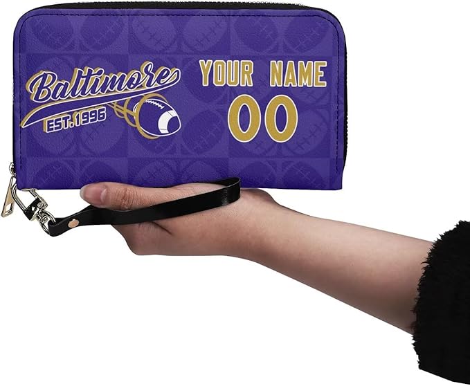 Custom Sports Team Zip Organizer Wallet-Personalized PU Leather Wristlet Wallet with Name Number,Multi-Card Slots,Wrist Strap,Fan Gift for Men Women.