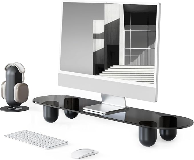 Fenge Monitor Riser, 34 Inch Dual Monitor Stand for Large Monitors, Desk Organizer with Glass Shelf & Solid Wood Legs, Computer Stand for Laptop, TV, PC, Printer, Black