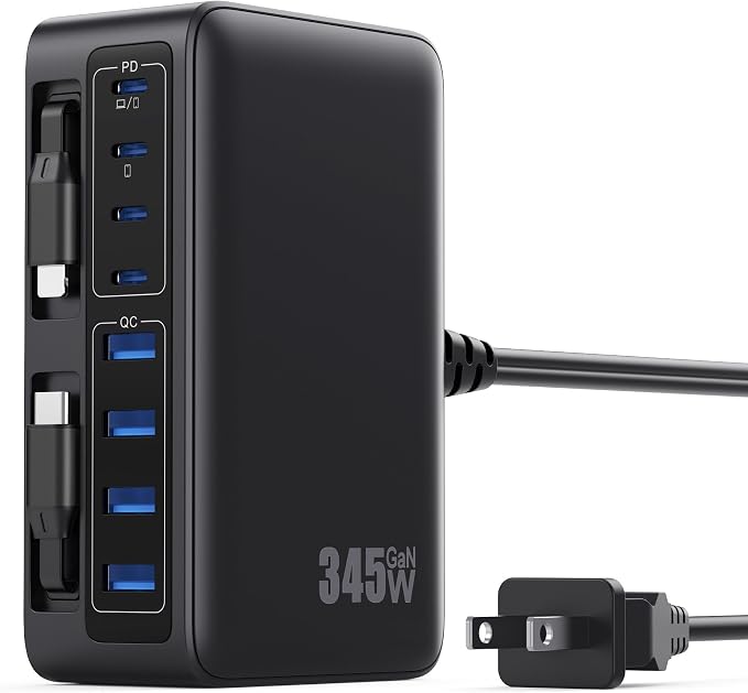 345W USB C Charger 10 in 1 Retractable Wall Charger with 2 Cables,GaN 6 USB C Charging Station Phone Charging PD Laptop Charger Adapter for MacBook Pro/Air,DELL,iPhone17/16/15,Galaxy S24,Android etc